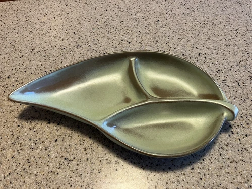 FRANKOMA Pottery Prairie Green Leaf Shape Divided Relish 12.5" long #83 Vtg