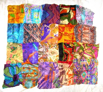 LOT PURE SILK Vintage Sari Fabrics REMNANT 16 pcs 8'' SQUARES Multi-color DOLL NR