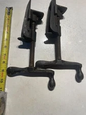 Pair 2 Cast iron bench or bar clamp woodworking holding fixture collectible tool