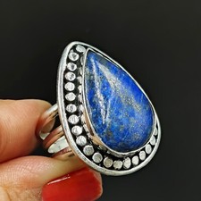 Natural Lapis Lazuli Pear Gemstone 925 Sterling Silver Ring Size-7.5 US