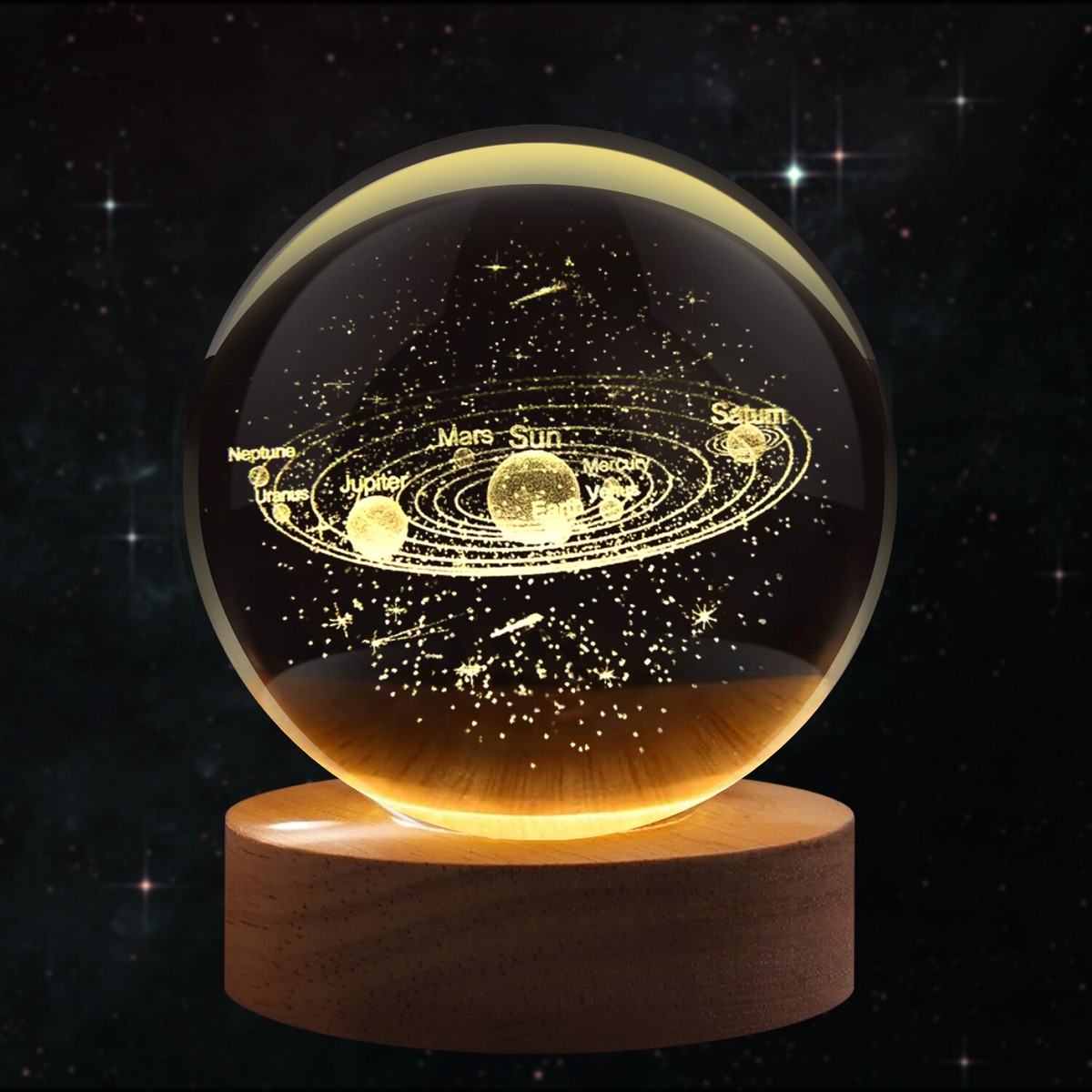 3D Solar System Crystal Ball Night Light - 60mm LED Glass Hologram