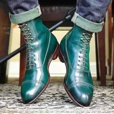 Men's Handmade Green Leather Oxford Toe-Cap Lace Up High Ankle Dress Boots Men