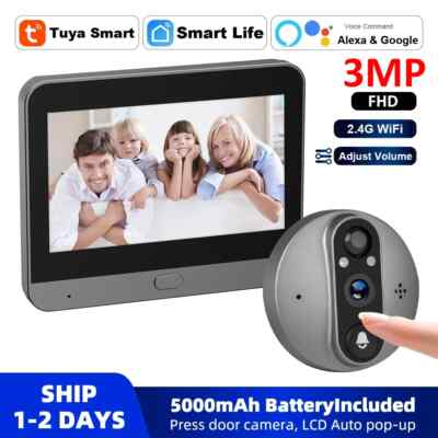 Smart Tuya Peephole 5000mAh Doorbell Door Eye Camera Infrared Alexa Google Video