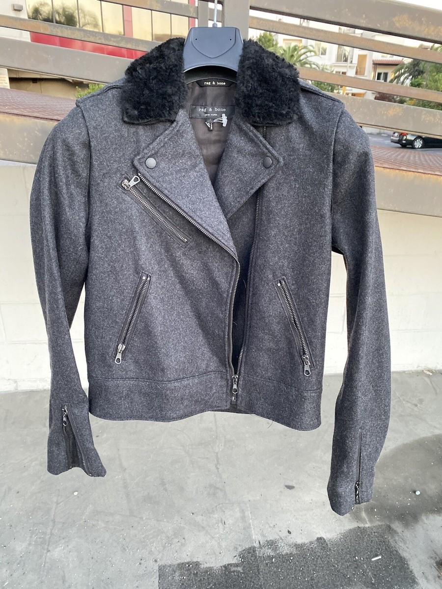womens Grey Wool RAG BONE Motorcycle Biker Jacket S