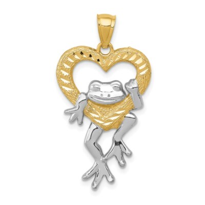 14K Gelbgold und Rhodium glänzend geschliffen Frosch im Herz Anhänger