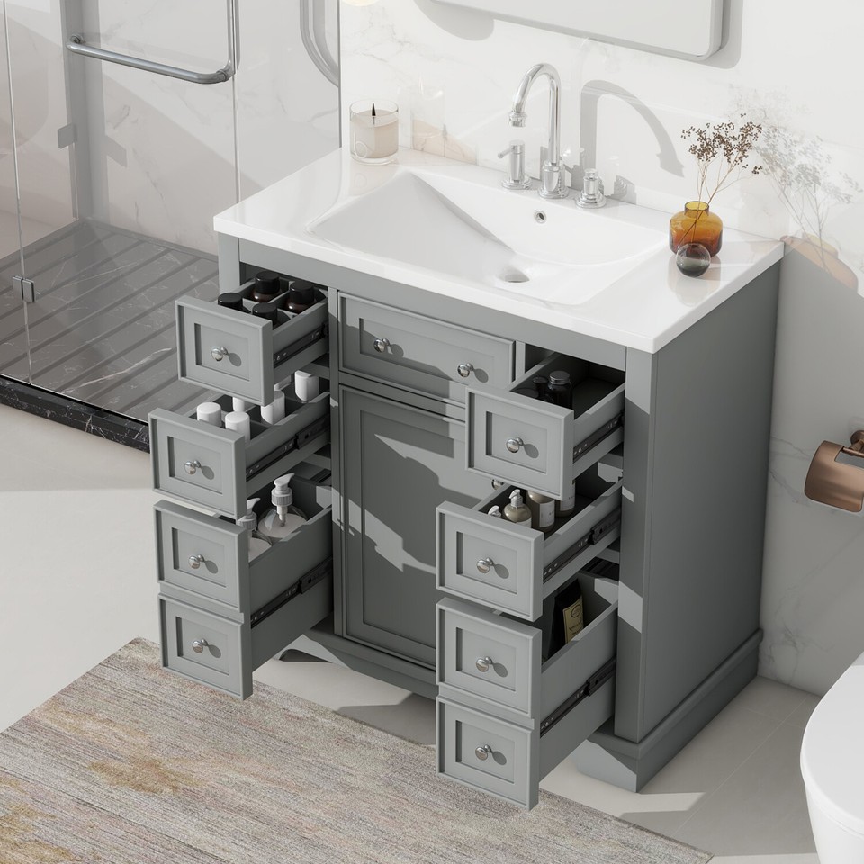 36" Bathroom Vanity w/ Sink, Freestanding Bath Vanity Storage Cabinet ...