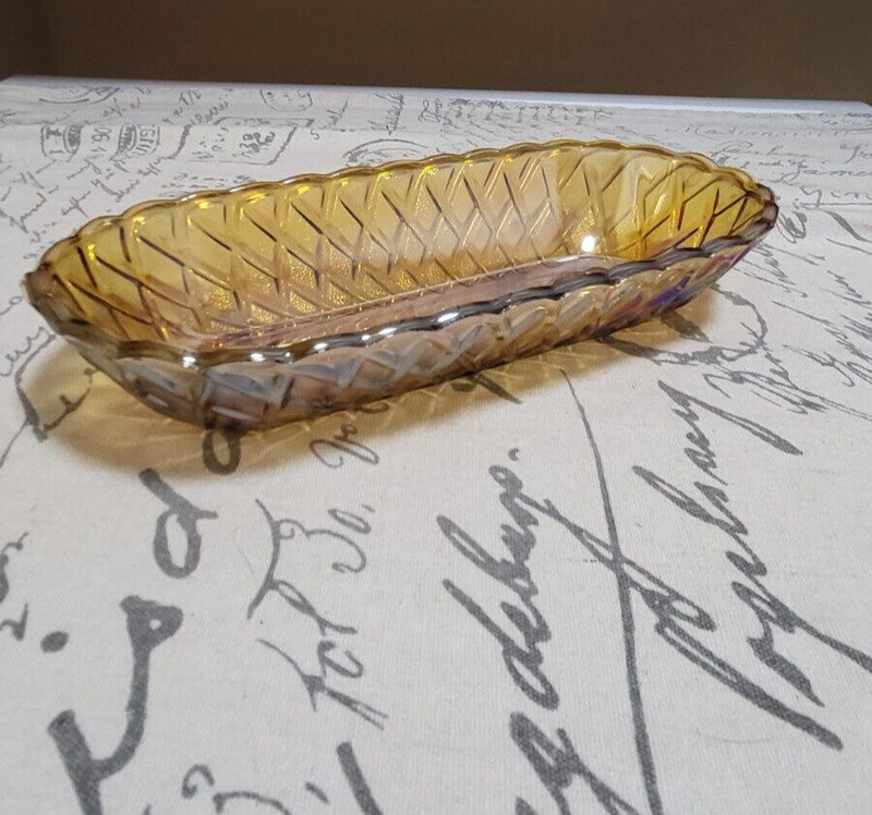 Indiana Glass Pretzel Amber Carnival Glass Oval Celery Dish Relish Tray Vintage