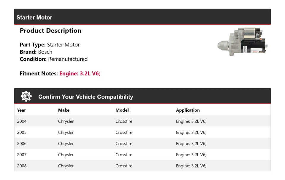 Arranque Bosch V6 3,2 L 2004-2008 Chrysler Crossfire (remanufacturado) 2005 Foto 2 de 4