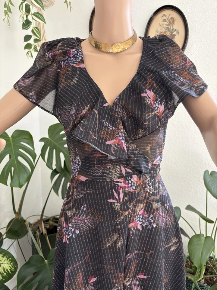 Vestido Maxi Boho Stevie Nicks Vintage Anos 80 Preto Brilhante Floral Envoltório em Camadas XS - Imagem 4 de 4