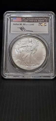 2007 $1 SILVER EAGLE PCGS GEM UNCIRCULATED JOHN MERCANTI SIGNED FLAG LABEL
