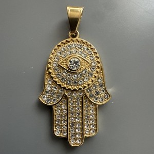 Authentic Gold Plated Hamsa Eye Cubic Zirconia Pendant 24 Inch Necklace Religious Faith