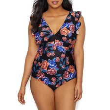 ModCloth Womens Kelsie One-Piece Swimsuit Ruffle Black Blue Size XL