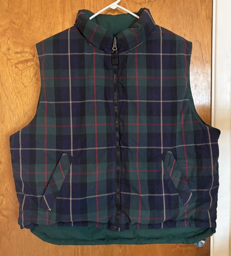Eddie Bauer, VTG 90s Eddie Bauer Mens XL Green Plaid Reversible Goose Down Puffer Vest