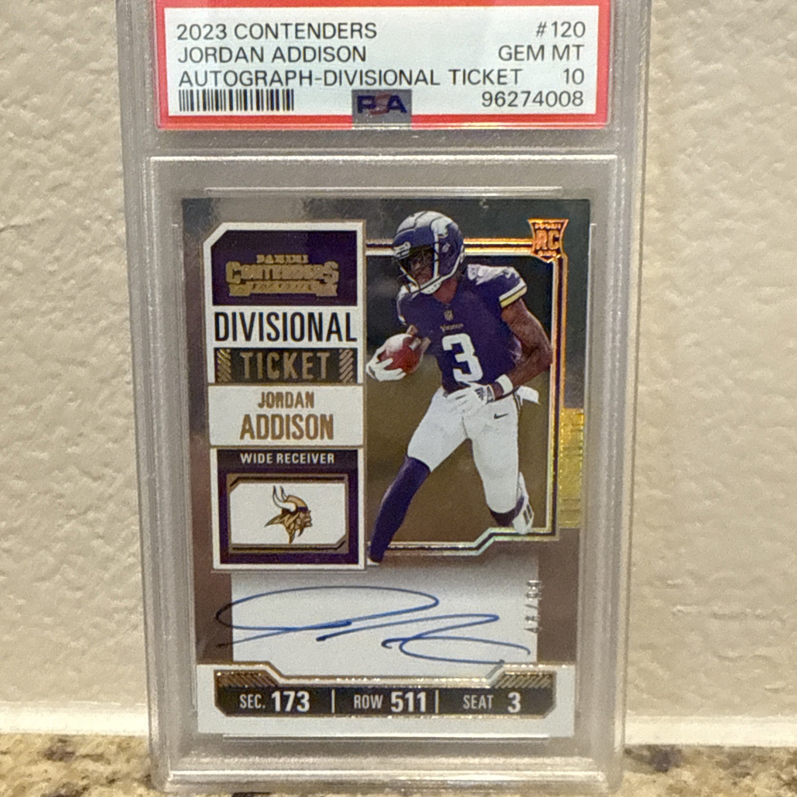 Jordan Addison 2023 Panini Contenders RC Divisional Ticket Autograph 46/99