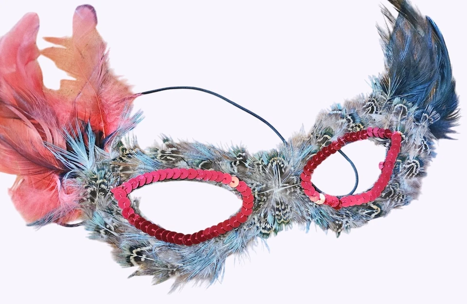 Vintage Feather Masquerade Masks With Red & Purple Sequin Detail - Image 3 of 3