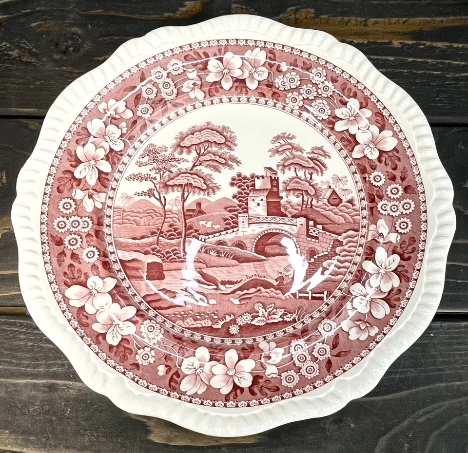 Spode Pink Tower Dinner Plate 10 7/8” Vintage Red Transferware Oval Backstamp - Image 2 of 4