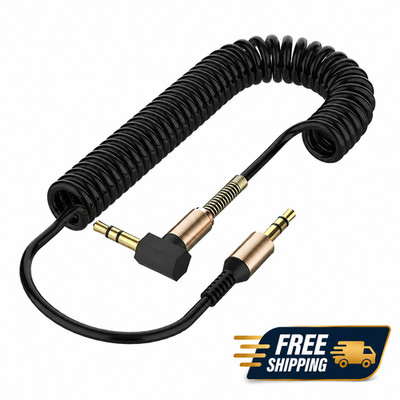 Coiled 3.5mm AUX Cable Spring Right Angle L Shaped Male to Male Car Audio Cord