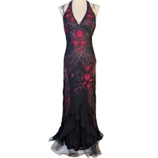 Vintage 90s Bicici Silk Beaded Halter Gown Black Red Mermaid Dress L