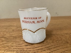 Souvenir of Perham Minnesota Milk Glass Cup/ Glass Minnesota 