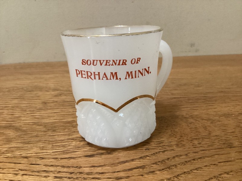 Souvenir of Perham Minnesota Milk Glass Cup/ Glass Minnesota 