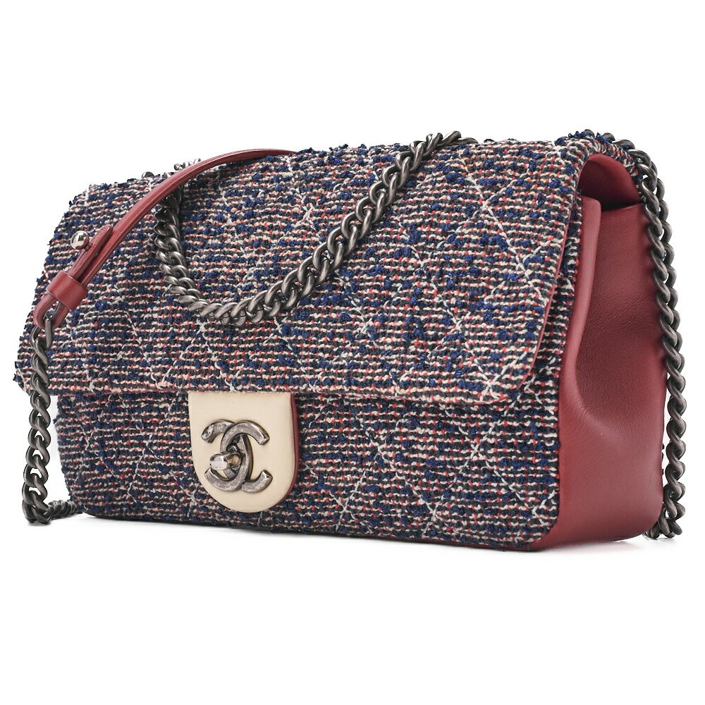 CHANEL Matelasse Single Flap Shoulder Bag Tweed Navy Silver Hardware 572217