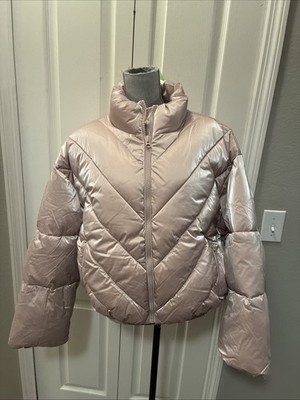 Hudson Jeans Cropped Chevron Quilted Puffer Women's Jacket Size Large ColorRose