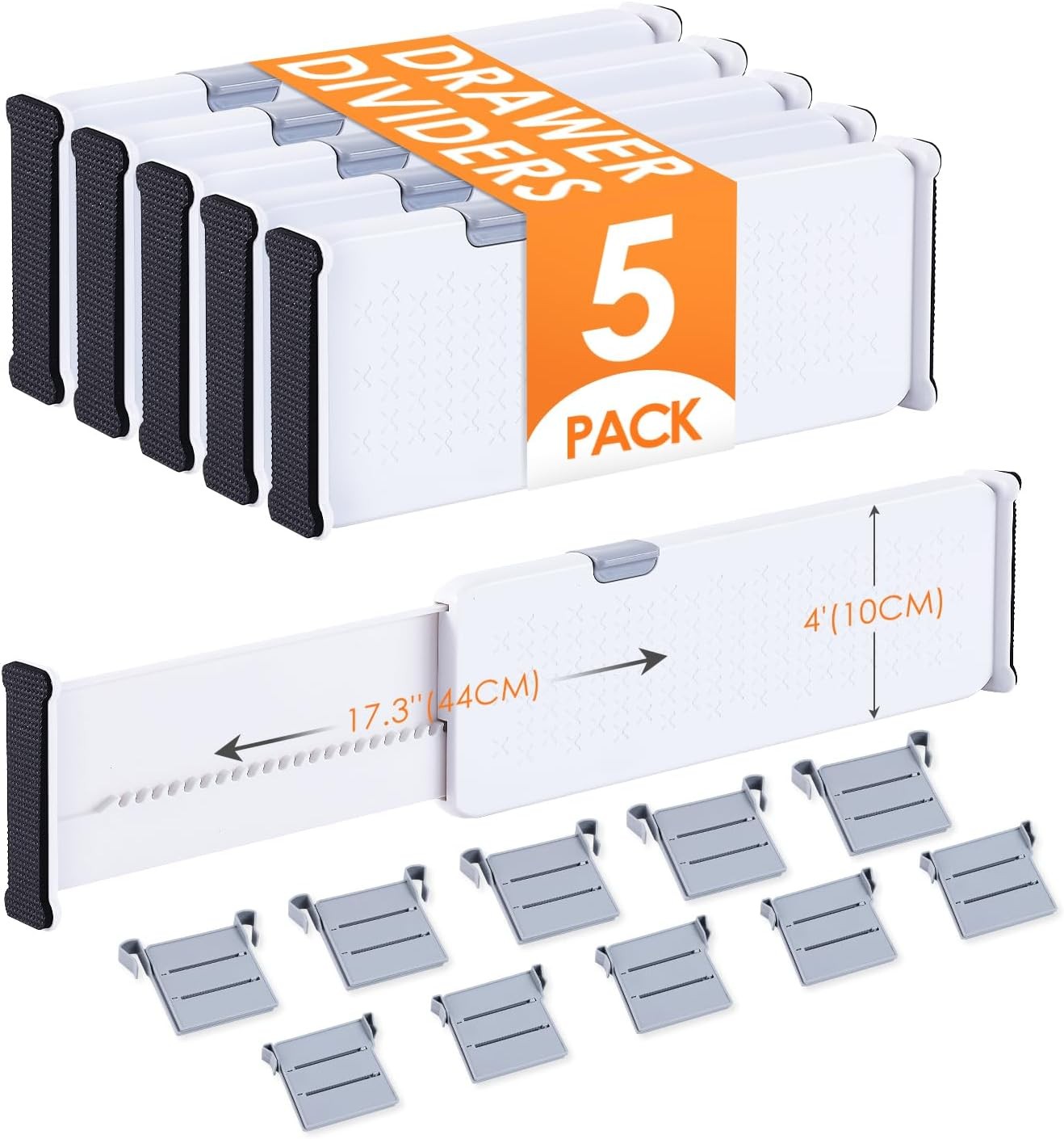 Adjustable White Drawer Organizers 5-Pack with 10 Inserts 4 Inch Height