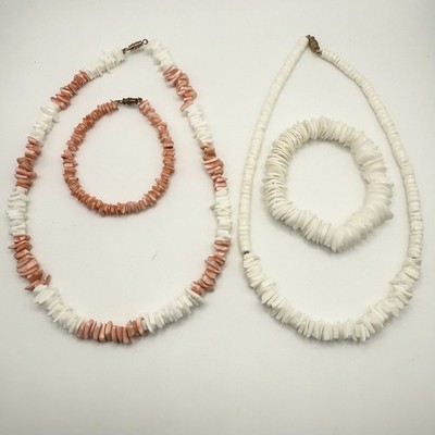 Two Sets of Vintage Puka Shell Necklace Bracelet White Salmon Pink