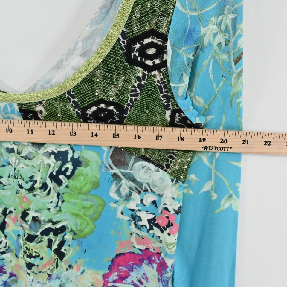 Save the Queen Sequin Floral Top Womens Size S Blue Green Italy Mixed MediaBot - Image 3 of 4