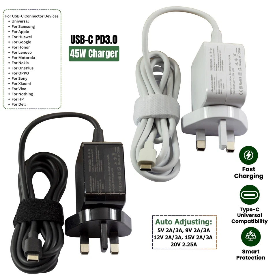 For Huawei P8 Lite (2017) USB-C 45W Charger Type C AC Adapter - Image 3 of 3