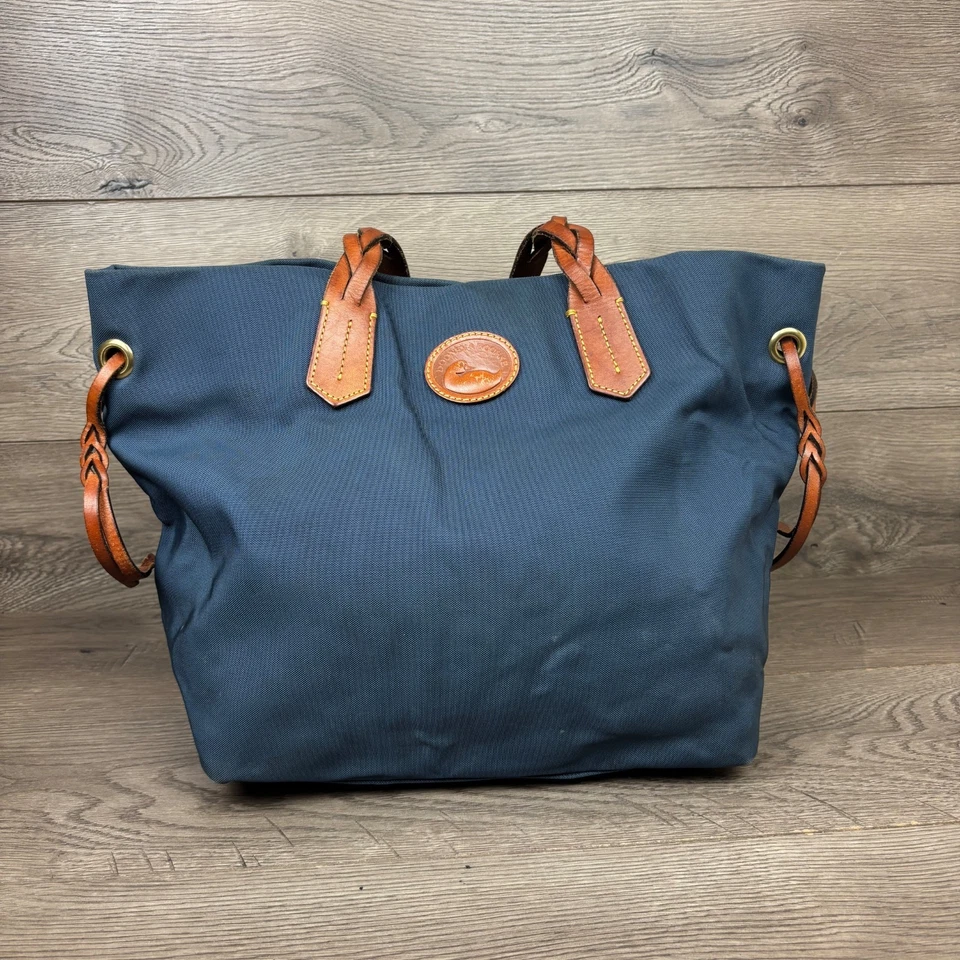 Bolso de Mano Dooney & Bourke Grande Azul Nylon Shopper Cuero Marrón Correa Trenzada Foto 3 de 4