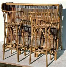 Mid Century Italian Bamboo Cocktail Bar & Bar Stools, Vintage Tiki Bar, Retro.