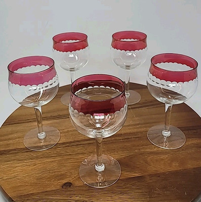 Set of 5 Crystal Ruby Red crystal Cut To Clear Dot Ruby Flash Wine Goblets 6.75''