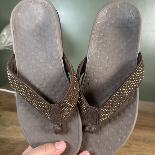 Vionic Tide Brown Slip On Rhinestone Orthopedic Wedge Flip Flop Sandal Womens 7 - Picture 3 of 8
