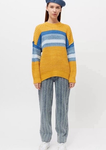 NWT Urban Outfitters BDG Mustard Striped Waffle Knit Oversized Sweater Size M - Picture 2 of 9