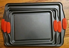 Baking Pan Set 3 Piece Cookie Sheet Non-Stick Carbon Steel w/red silicone handle