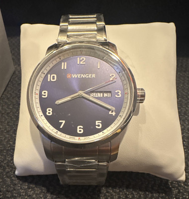 Wenger Attitude Quartz Blue Dial  Silver SS Day/Date 42mm Bracelet Box