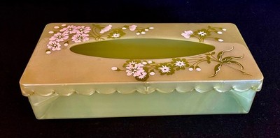 Vintage Hand Painted Hinged MITCHELL GOULD Kleenex Box Scalloped Lid. Hangable.