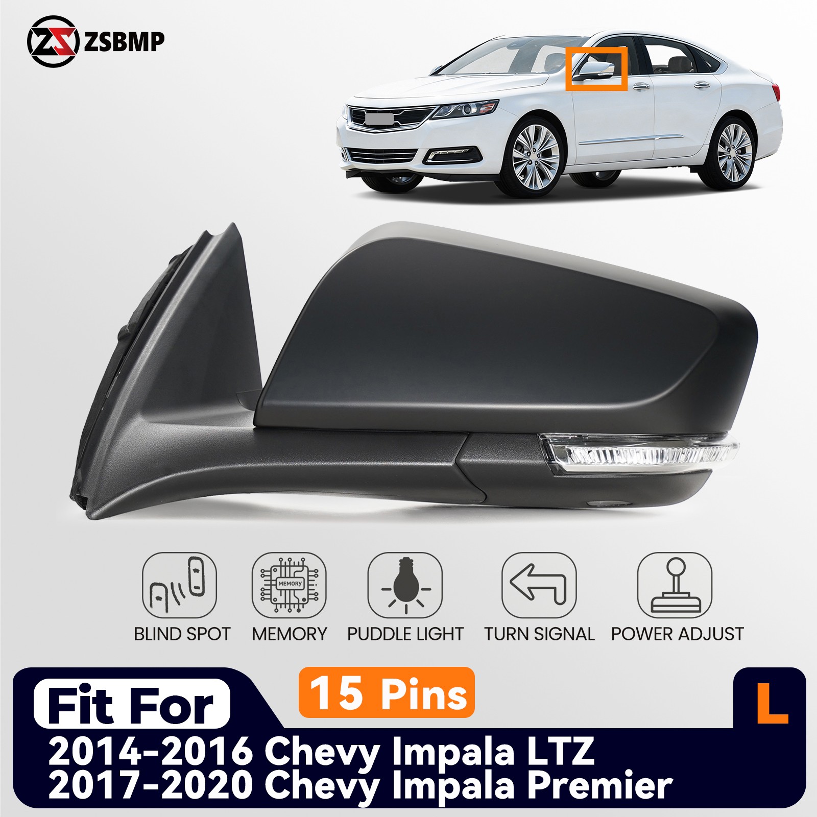 Left Side Mirror For 2014-2020 Chevy Impala w/Memory & BSD & Turn Signal 15 Pins