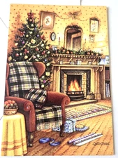 Vintage Christmas Card Fireplace Scene Tree Wrapping Presents by Chair