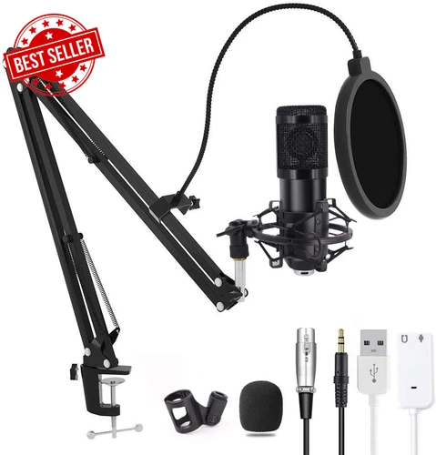 USB Gaming Microphone with Boom Arm for PC, Streaming, Recording, Laptop, Black
