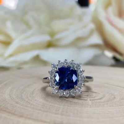 3.00 Ct Cushion Cut Real Sapphire & Diamond Engagement Ring Solid 14K White Gold