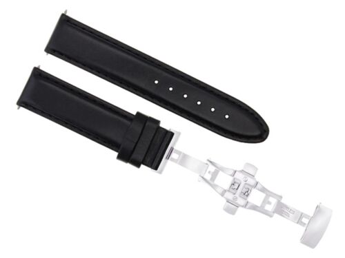 24MM SMOOTH LEATHER WATCH STRAP FOR ZENO MAGELLANO 2 WATCH DEPLOYMENT BLACK - Picture 1 of 7