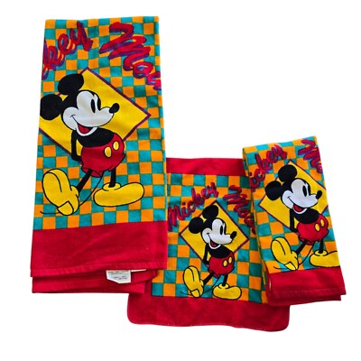Vintage Disney Mickey Matching Bath Towl Wash Cloth & Hand Towel New