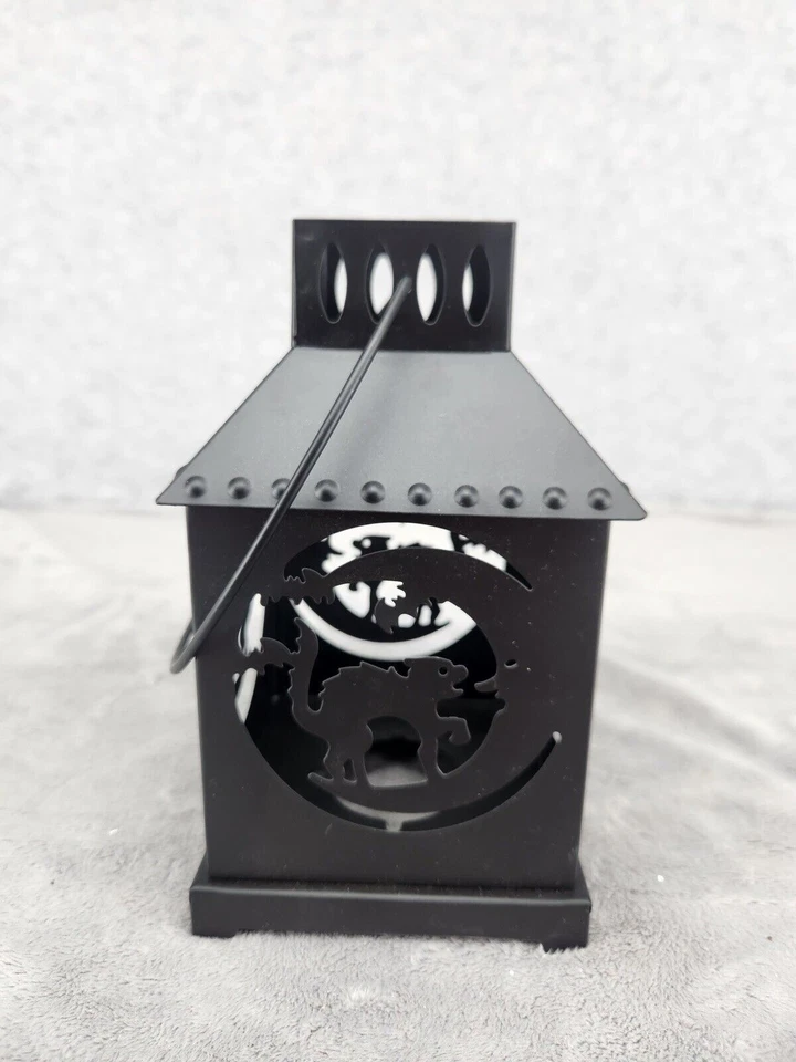 "SOPORTE DE VELA DE HOJALATA NEGRO MATE con mango de gato negro y luna 7,5"" - falta fondo" Foto 4 de 4