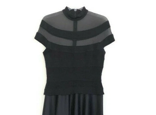 Vestido maxi vintage Tadashi Shoji preto manga gorro malha pescoço falso ilusão 12 AP - Imagem 4 de 4