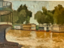 Original mid 20C impressionist oil painting. River scene with barges.
