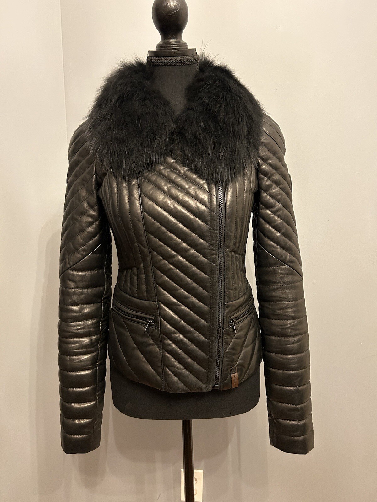 RUDSAK Down-Filled Quilted Leather Jacket With Removable Fur Collar, Size S