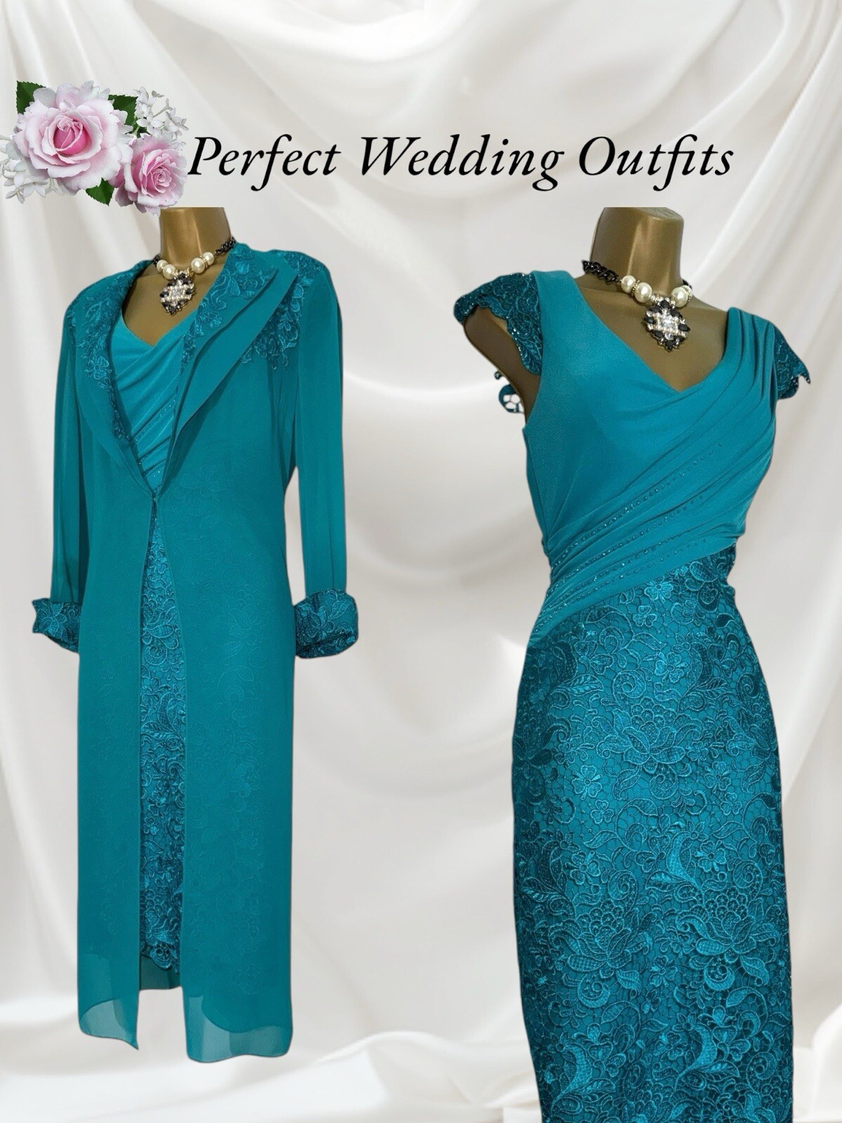 L’ATELIER Talla 8 Nuevo con Etiquetas Verde Esmeralda Madre de la Novia Conjunto Vestido Chaqueta