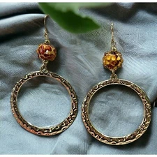 Vintage Hammered Earrings Gold Tone Hoops Rings Dangle